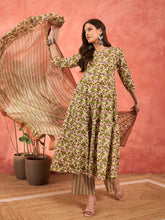 Women Off White & Green Floral Anarkali Kurta With Pencil Pants & Dupatta-SHSET96321