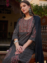 Women Black Floral Front Yoke Kurta With Pencil Pants & Dupatta-SHSET96323