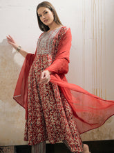 Women Maroon Floral Anarkali Kurta With Pencil Pants & Dupatta-SHSET96325
