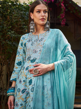 Women Blue Floral Anarkali Kurta With Pencil Pants & Dupatta-SHSET96327