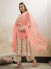 Women Off White & Red Floral Anarkali Kurta With Pencil Pants & Dupatta-SHSET96341