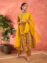 Women Yellow Floral Anarkali Kurta With Pencil Pants & Dupatta-SHSET96343