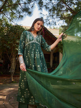 Women Green Floral Embroidered Gathered Kurta With Pencil Pants & Dupatta-SHSET96346