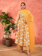 Women Mustard Floral Embroidered Gathered Kurta With Pencil Pants & Dupatta-SHSET96347