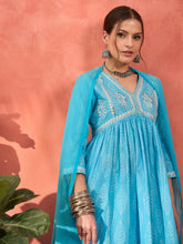 Women Blue Floral Embroidered Gathered Kurta With Pencil Pants & Dupatta-SHSET96348