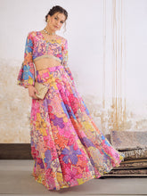 Women Pink Floral Frill Sleeves Crop Top With Anarkali Skirt-SHSET96355