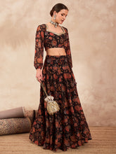 Women Black Floral Sweetheart Neck Crop Top With Anarkali Skirt-SHSET96365