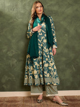 Women Sea Green & Beige Floral Anarkali kurta Set with Dupatta-SHSET96461