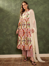 Women Red Multi Ikat Dori Gathered Kurta Set with Dupatta-SHSET96468