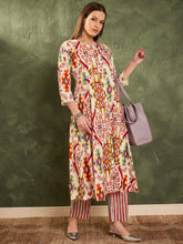 Women Red Multi Ikat Front Button Kurta With Pants-SHSET96469