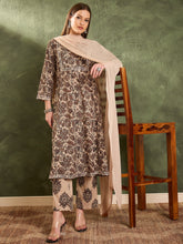 Women Brown & Beige Floral Yoke Kurta Set with Dupatta-SHSET96473