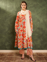 Women Red & Beige Ikat Tiered Anarkali Kurta Set with Dupatta-SHSET96479