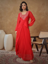 Women Red Embroidered Square Neck Top With Drape Skirt-SHSET96529