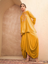 Women Mustard Embroidered Peplum Top With Dhoti Skirt-SHSET96533