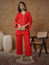 Women Red Embroidered A-Line Top With Pants-SHSET96537