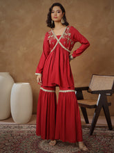 Women Maroon Embroidered Peplum Kurta With Sharara Pants-SHSET96544