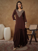 Women Brown Embroidered Short Kurta With Dhoti Skirt-SHSET96546