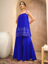 Women Navy Embroidered Strappy Kurta With Palazzos-SHSET96548