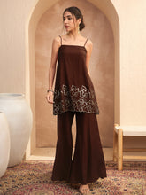 Women Brown Embroidered Strappy Kurta With Palazzos-SHSET96549