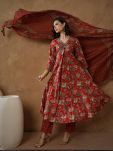Women Red Floral Anarkali Kurta With Pants & Dupatta-SHSET96553