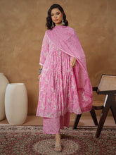 Women Pink Floral Tiered Anarkali Kurta With Pants & Dupatta-SHSET96554