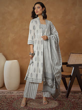 Women White Ethnic Motif Anarkali Kurta With Pants & Dupatta-SHSET96559