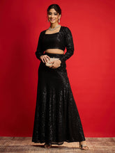 Women Black Sequence Crop Top With Fish Cut Skirt-SHSET96571