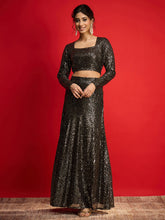 Women Black With Golden Sequence Crop Top With Fish Cut Skirt-SHSET96572