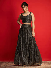 Women Black With Golden Sequins Sleeveless Crop Top With Anarkali Skirt-SHSET96583