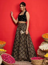 Women Black Velvet Crop Top With Jacquard Anarkali Skirt-SHSET96587