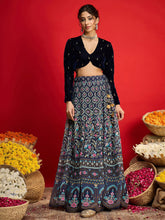 Women Navy Velvet Crop Top With Anarkali Skirt-SHSET96598