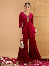 Women Fuchsia Velvet Embroidered Short Kurta With Palazzos-SHSET96646
