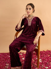 Women Purple Velvet Embroidered Short Kurta With Straight Pants-SHSET96648