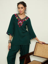 Women Green Woollen Embroidered V-Neck Short Kurta With Farshi Salwar-SHSET96653