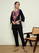 Women Black Woollen Embroidered Round Neck Short Kurta With Pencil Pants-SHSET96655
