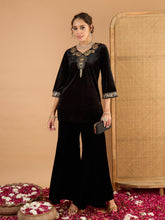 Women Black Velvet Embroidered V Neck Short Kurta With Palazzos-SHSET96661