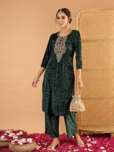 Women Green Velvet Embroidered Straight Kurta With Straight Pants-SHSET96665