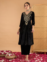Women Black Velvet Embroidered Straight Kurta With Straight Pants-SHSET96669