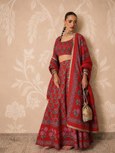 Women Red Floral Round Neck Crop Top With Anarkali Skirt & Dupatta