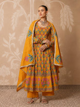 Women Yellow Floral Cotton Anarkali Kurta With Pencil Pants & Dupatta