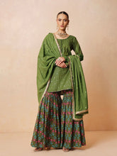 Women Olive Embroidered Short Kurta With Sharara Pants & Dupatta