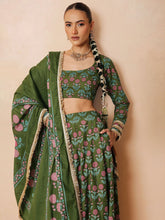 Women Olive Floral Round Neck Crop Top With Anarkali Skirt & Dupatta