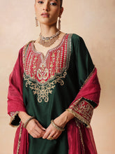 Women Green Embroidered Short Kurta With Farshi Salwar & Dupatta