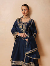 Women Navy Embroidered Choga Kurta With Straight Pant & Dupatta