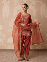 Women Rust Embroidered Short Kurta With Farshi Salwar & Dupatta