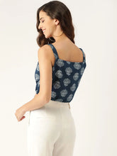 Navy Lotus Print Strappy Crop Top