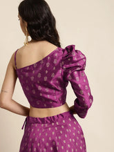 Purple Foil Floral Puff One Shoulder Crop Top