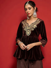 Women Brown Velvet Embroidered Round Neck Peplum Top-SHTOP42123