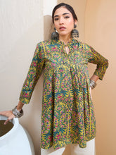 Women Dark Mustard Floral Cambric Front Tie Knot Kurti-SHTOP42204