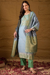 Blue Silk Blend Solid Woven Design Straight Kurta Trouser With Dupatta SKSKD3026